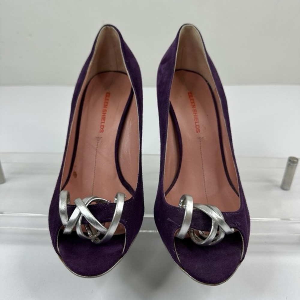 Eileen Shields Purple Suede Peep Toe Pumps Silver Ring Detail Italy EU 39.5 US 9
